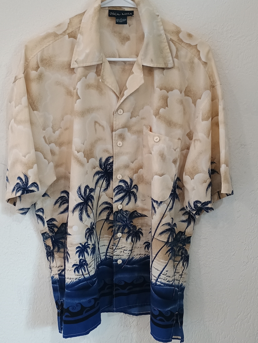 Men's Beige & Navy Palm-Print Casual Button-Down Shirt